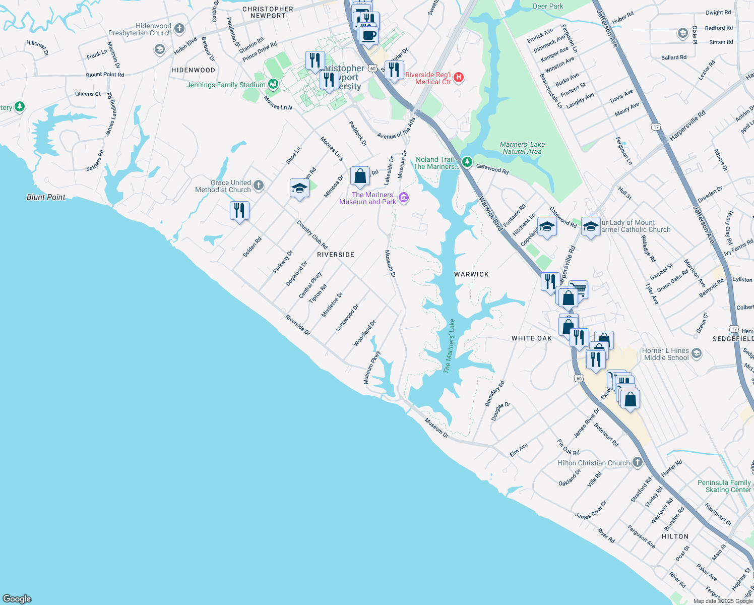 map of restaurants, bars, coffee shops, grocery stores, and more near 205 Country Club Road in Newport News