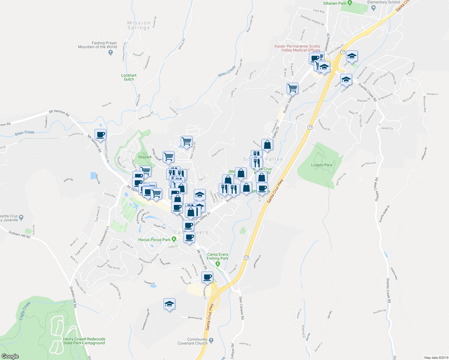 map of restaurants, bars, coffee shops, grocery stores, and more near 60 Terrace View Drive in Scotts Valley