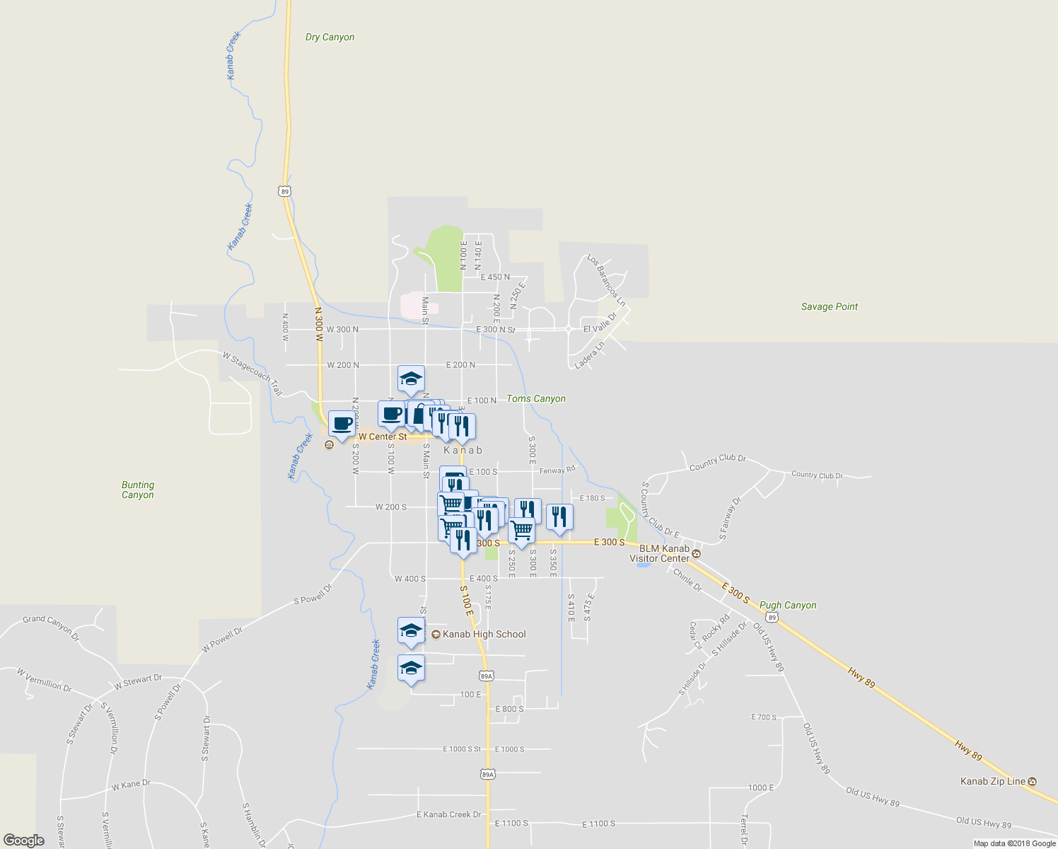 map of restaurants, bars, coffee shops, grocery stores, and more near 20 North 300 East in Kanab