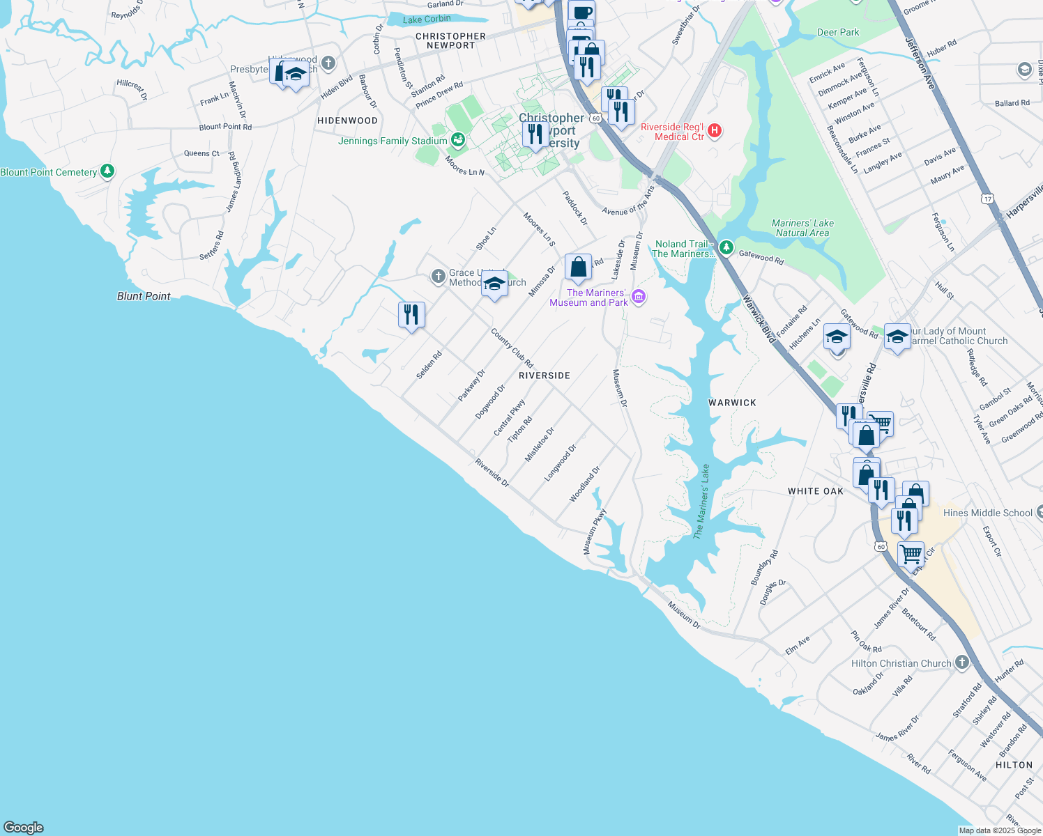 map of restaurants, bars, coffee shops, grocery stores, and more near 127 Tipton Rd in Newport News