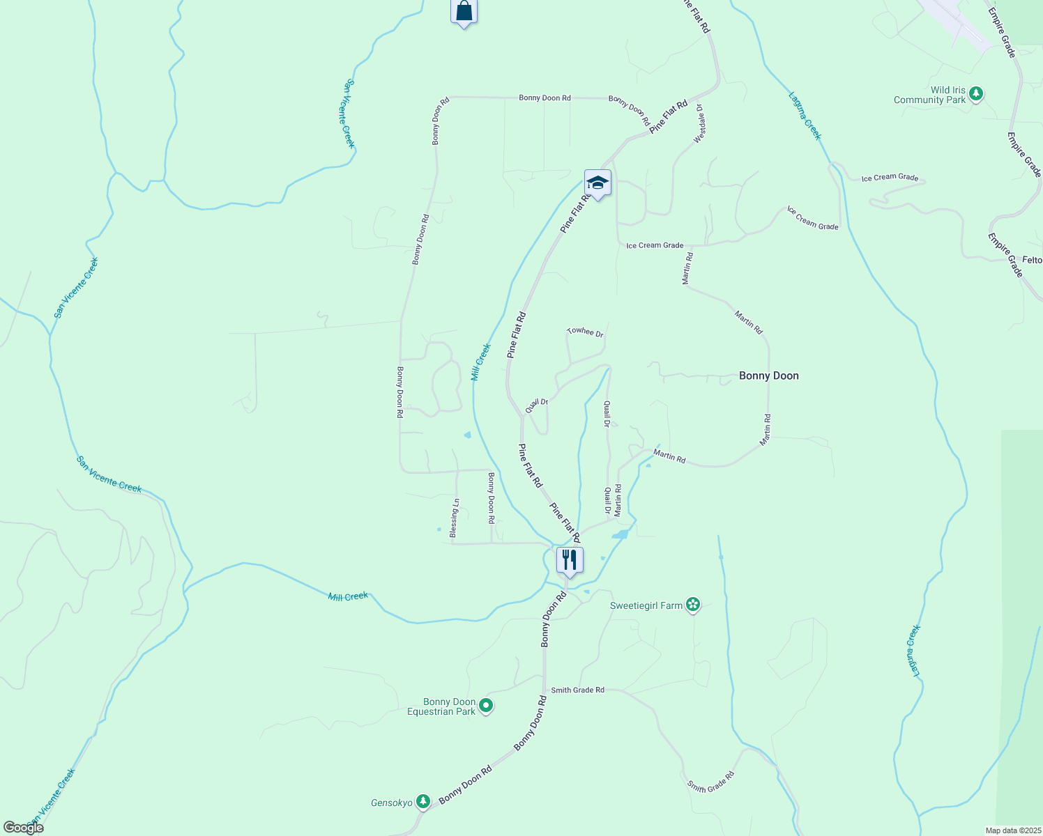 map of restaurants, bars, coffee shops, grocery stores, and more near Pine Flat Rd & Quail Dr in Santa Cruz