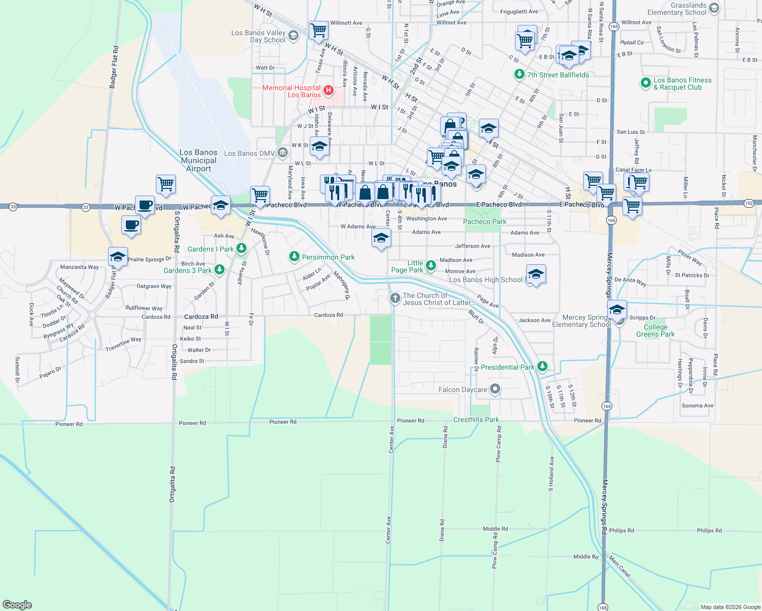 map of restaurants, bars, coffee shops, grocery stores, and more near 20060 Cardoza Road in Los Banos