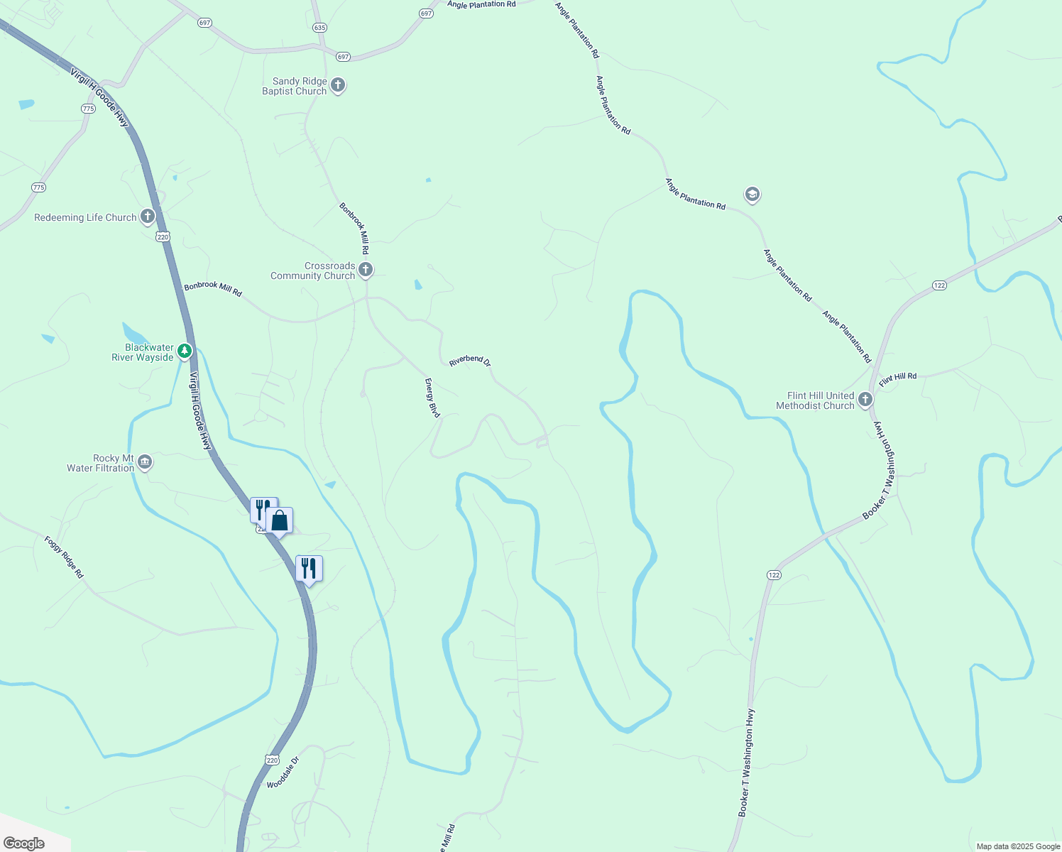 map of restaurants, bars, coffee shops, grocery stores, and more near 810 Riverbend Drive in Rocky Mount