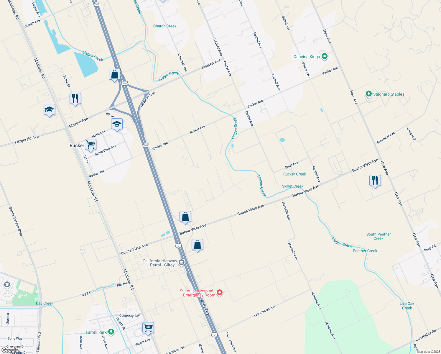 map of restaurants, bars, coffee shops, grocery stores, and more near 10200 Kelly Lane in Gilroy