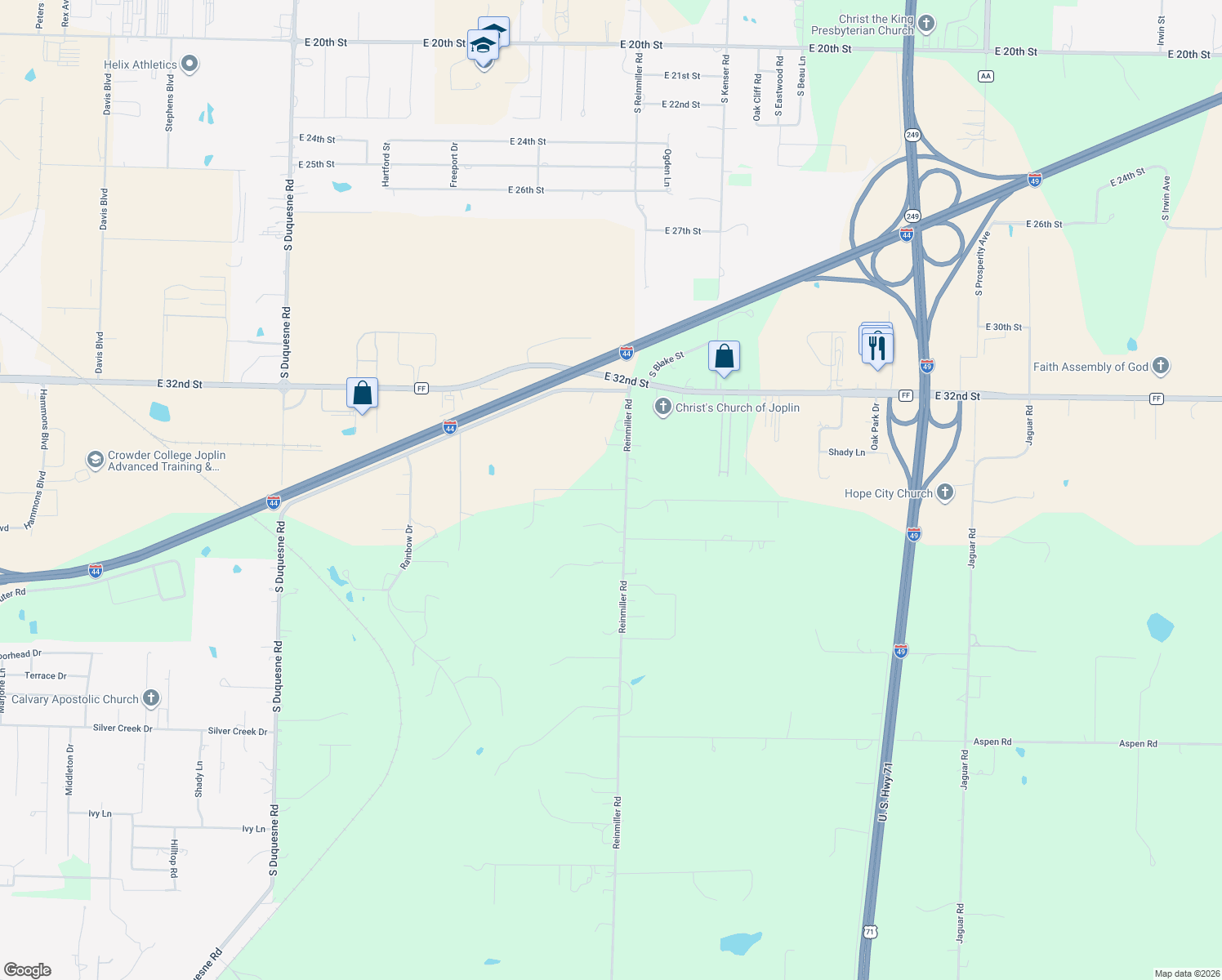 map of restaurants, bars, coffee shops, grocery stores, and more near 10612 Roblin St in Joplin