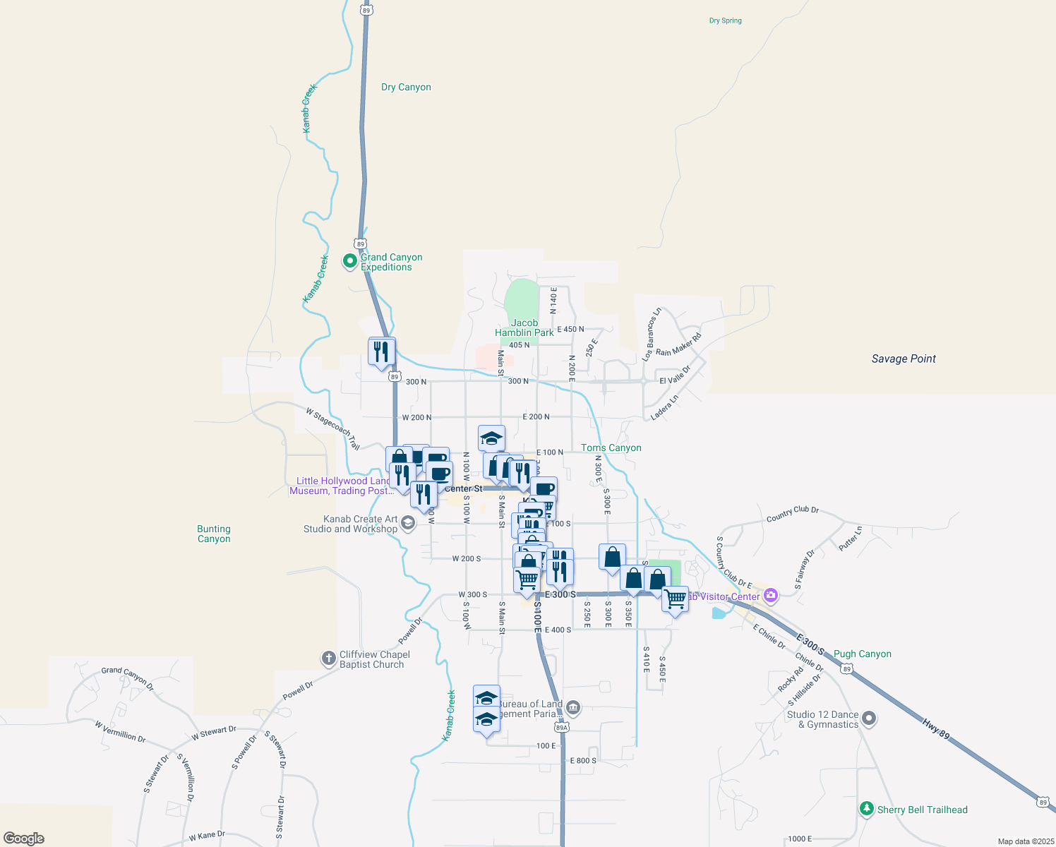 map of restaurants, bars, coffee shops, grocery stores, and more near 76 East 200 North in Kanab