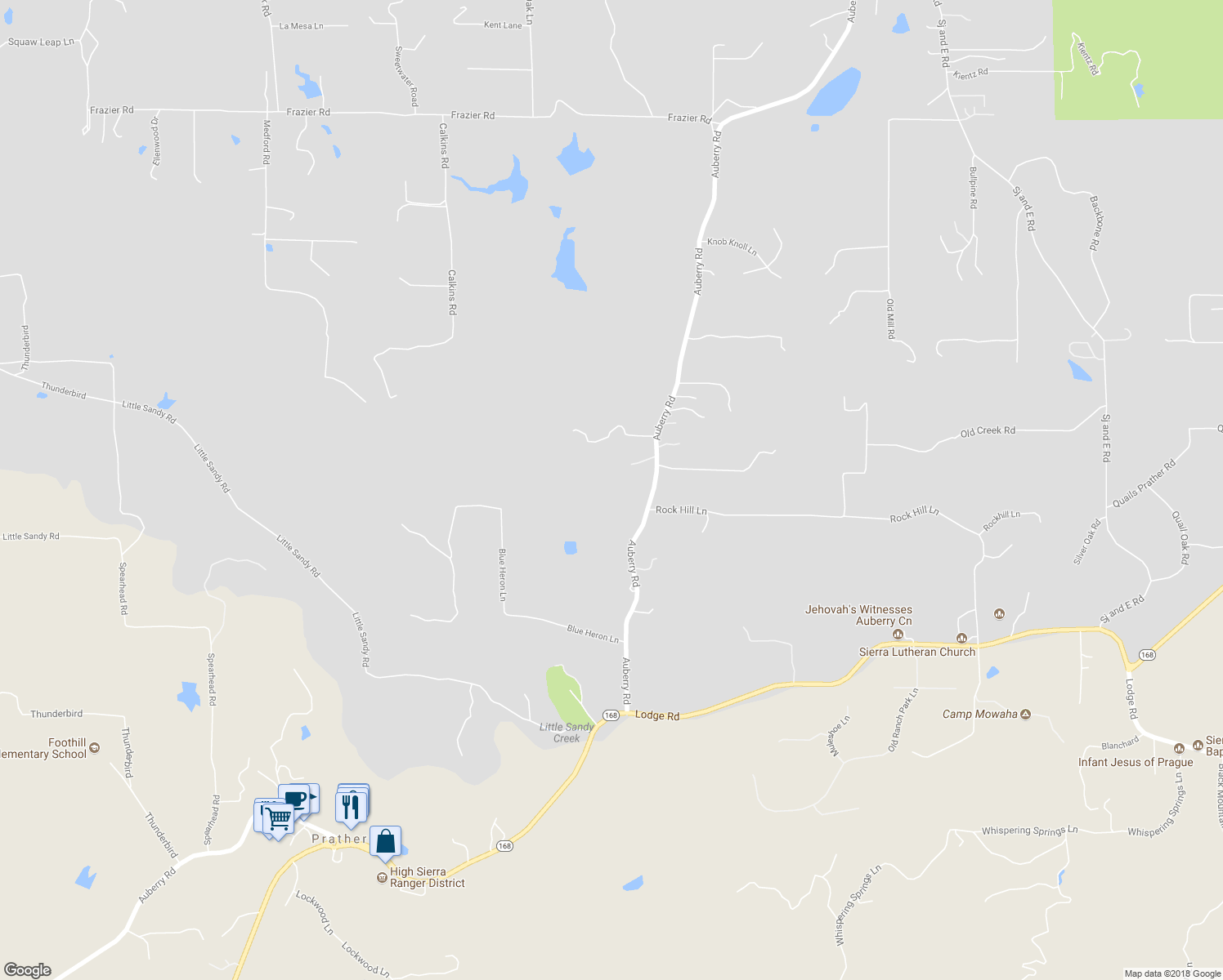 map of restaurants, bars, coffee shops, grocery stores, and more near 30957 Auberry Road in Auberry