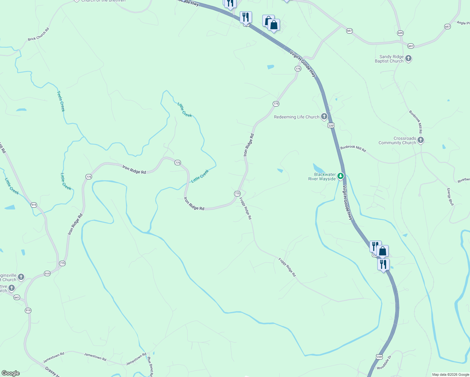 map of restaurants, bars, coffee shops, grocery stores, and more near 2231 Iron Ridge Road in Rocky Mount