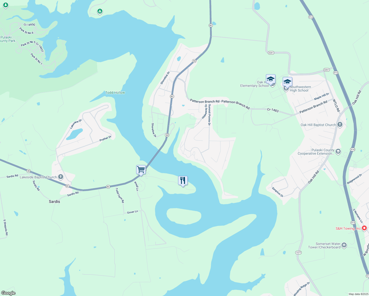 map of restaurants, bars, coffee shops, grocery stores, and more near 695 Hideaway Drive in Somerset