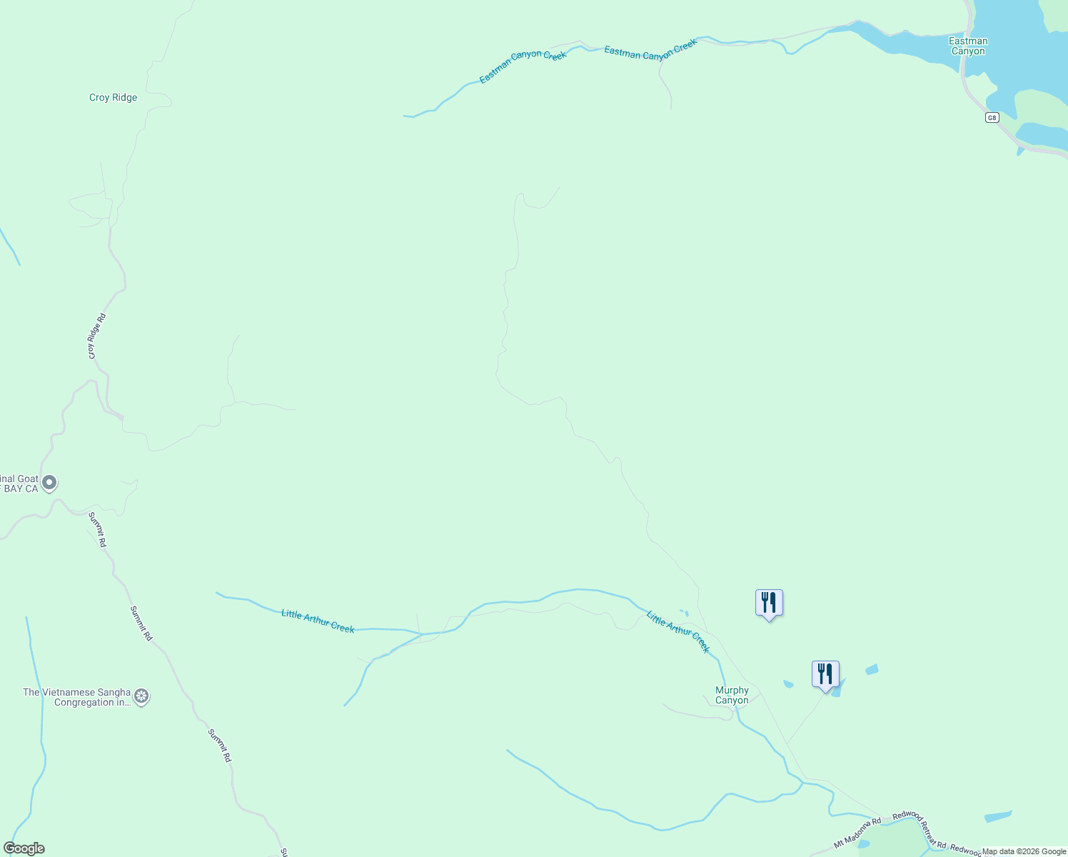 map of restaurants, bars, coffee shops, grocery stores, and more near 7155A Redwood Retreat Road in Gilroy