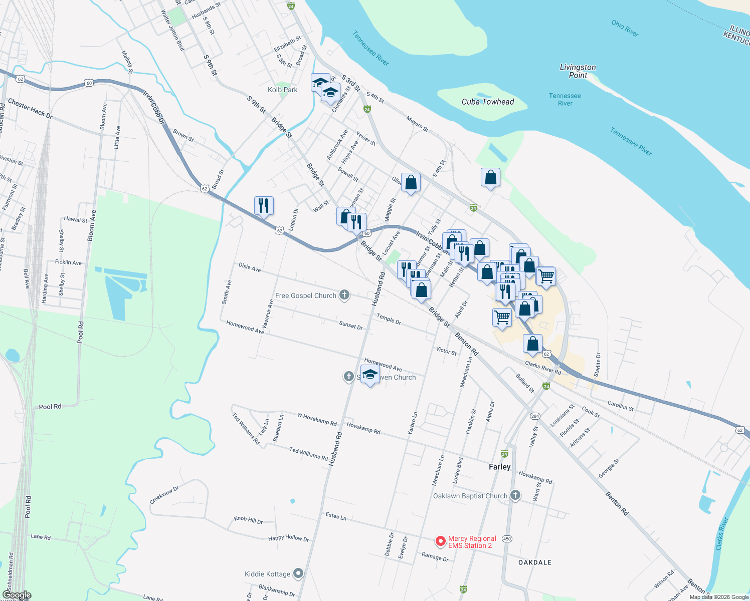 map of restaurants, bars, coffee shops, grocery stores, and more near 2299 Dixie Avenue in Paducah