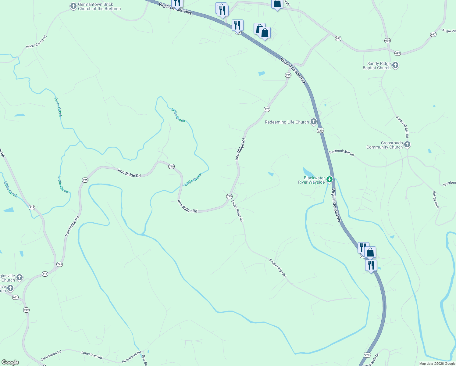 map of restaurants, bars, coffee shops, grocery stores, and more near 2231 Iron Ridge Road in Rocky Mount