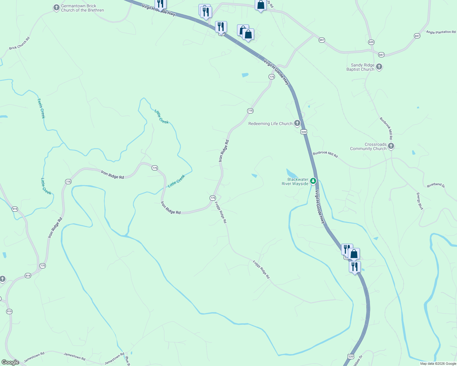 map of restaurants, bars, coffee shops, grocery stores, and more near 2360 Iron Ridge Rd in Rocky Mt