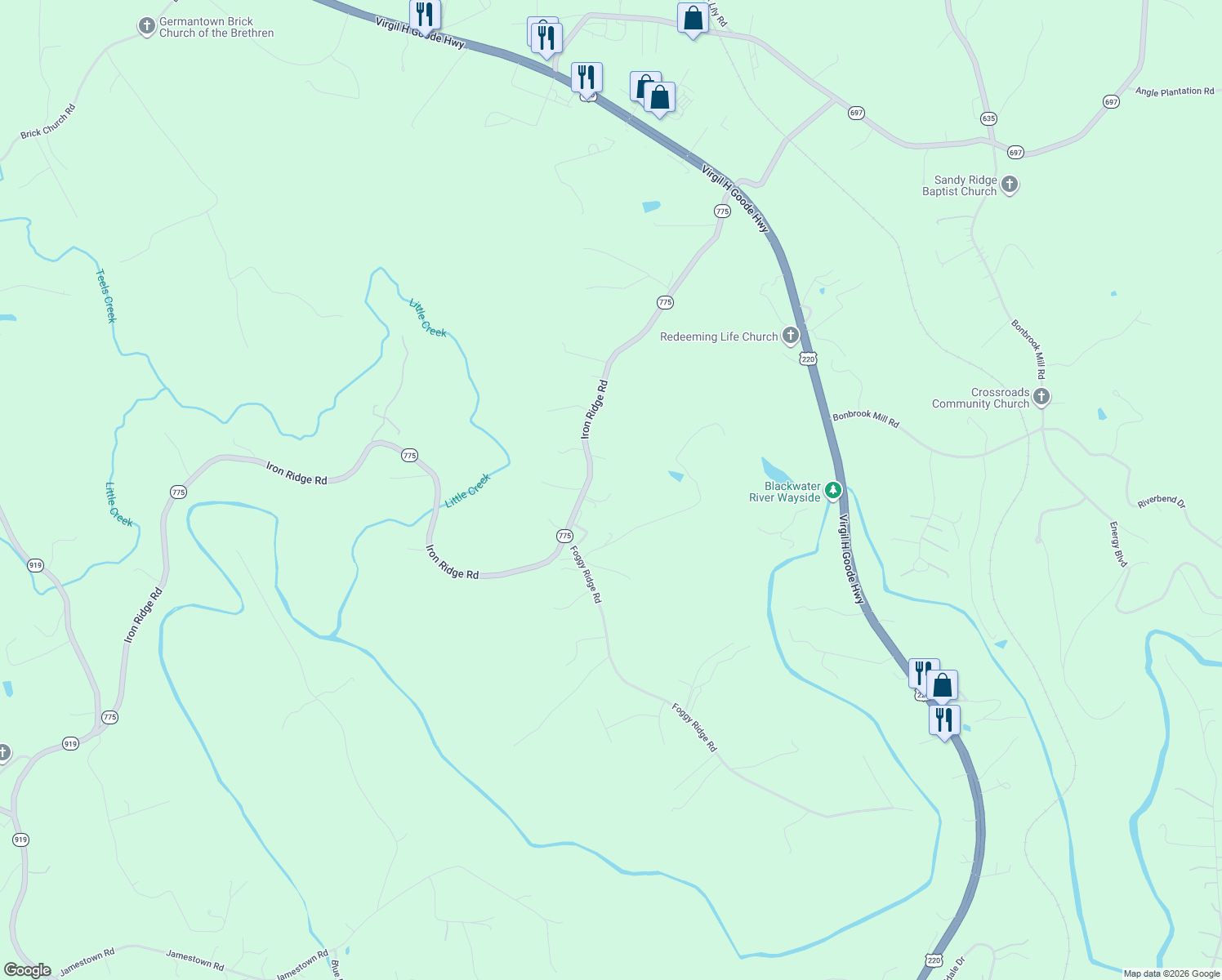 map of restaurants, bars, coffee shops, grocery stores, and more near 2360 Iron Ridge Road in Rocky Mount