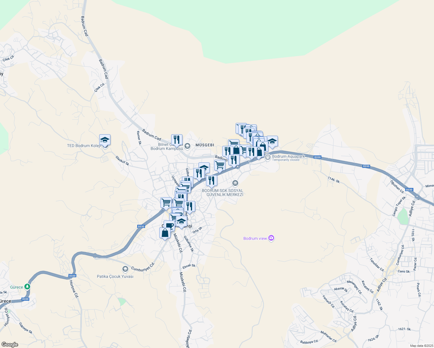 map of restaurants, bars, coffee shops, grocery stores, and more near 48 Cumhuriyet Caddesi in Bodrum