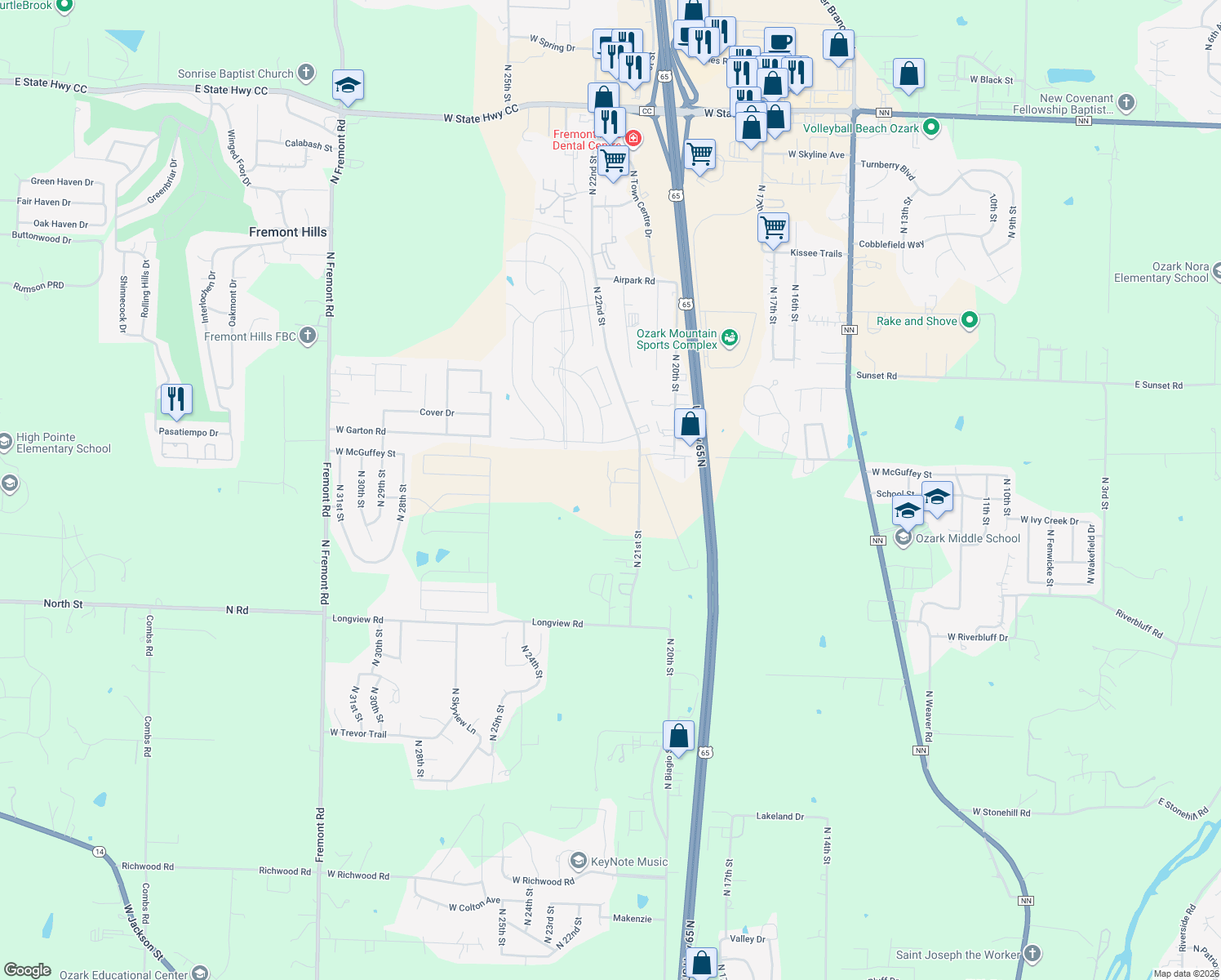 map of restaurants, bars, coffee shops, grocery stores, and more near Industrial Ct N in Ozark