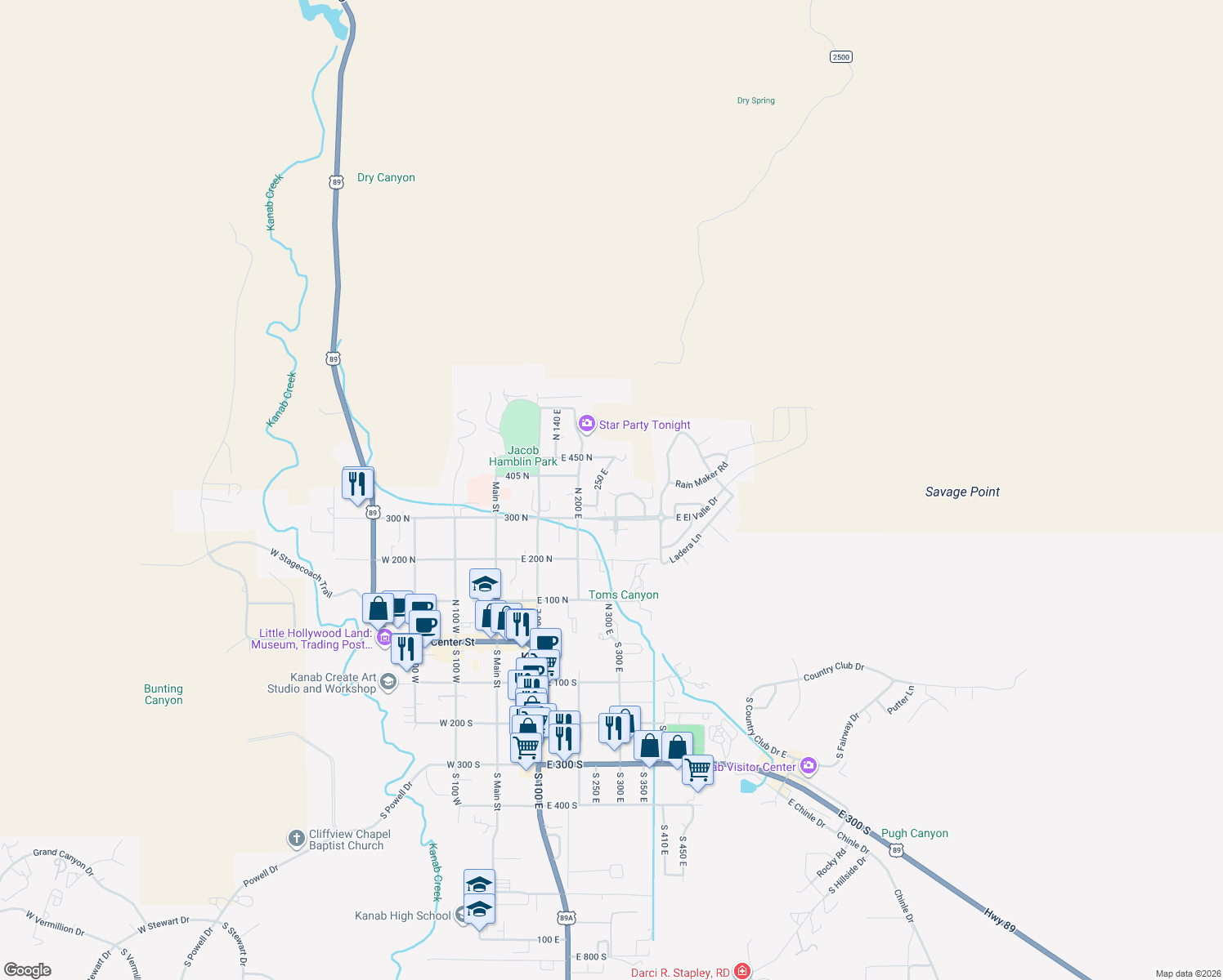 map of restaurants, bars, coffee shops, grocery stores, and more near 323 Vermillion Circle in Kanab