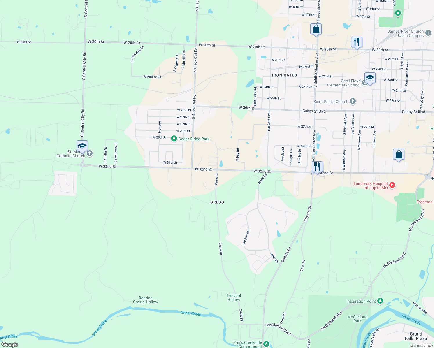 map of restaurants, bars, coffee shops, grocery stores, and more near 3185 South Waterview Lane in Joplin