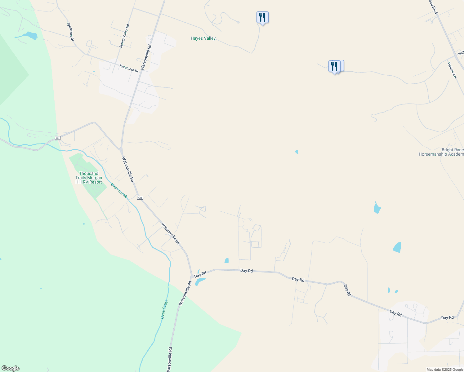 map of restaurants, bars, coffee shops, grocery stores, and more near 2995 Day Road in Gilroy