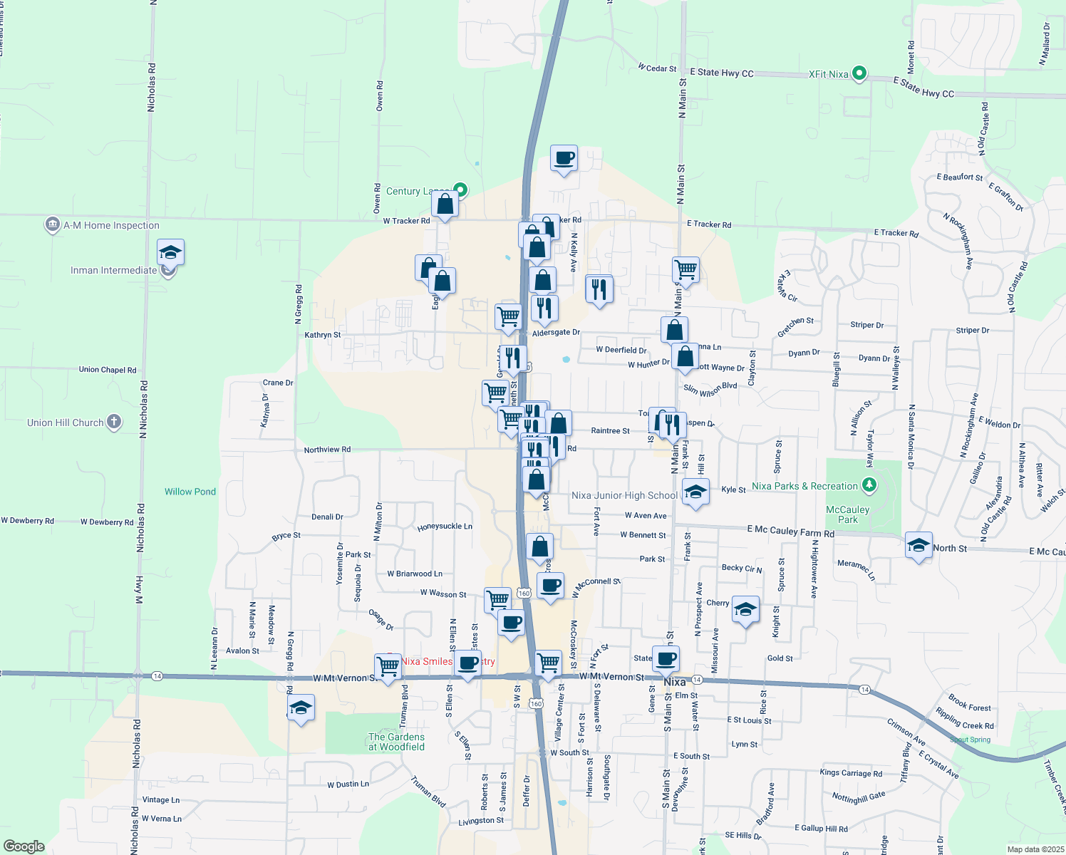 map of restaurants, bars, coffee shops, grocery stores, and more near 806 Westview Dr in Nixa