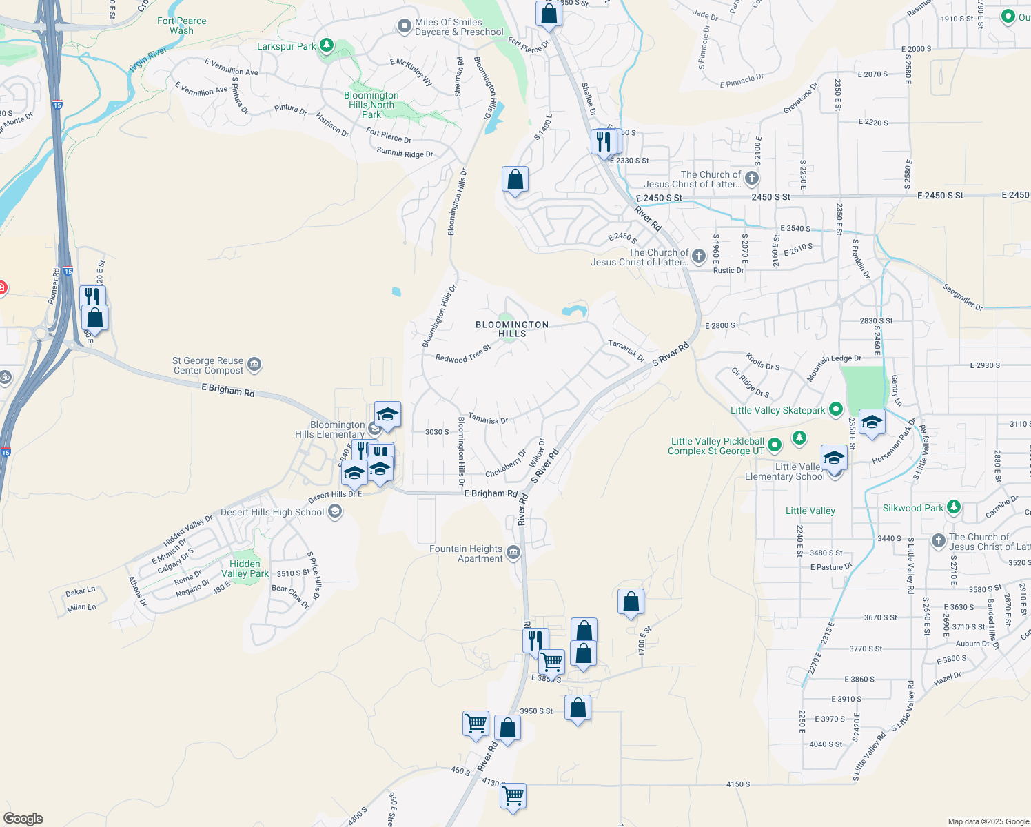 map of restaurants, bars, coffee shops, grocery stores, and more near 2992 Butternut Circle in St. George