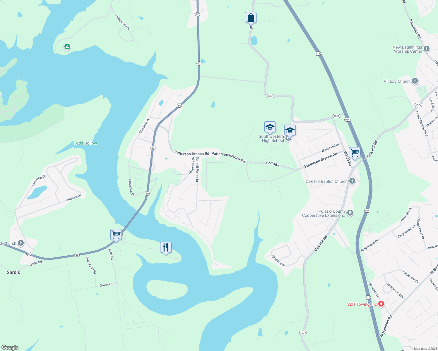 map of restaurants, bars, coffee shops, grocery stores, and more near 599 Patterson Court in Somerset