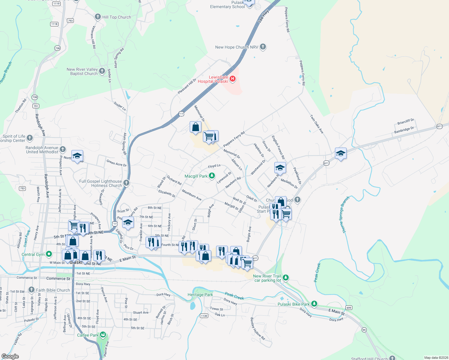 map of restaurants, bars, coffee shops, grocery stores, and more near 1200 Lynwood St in Pulaski