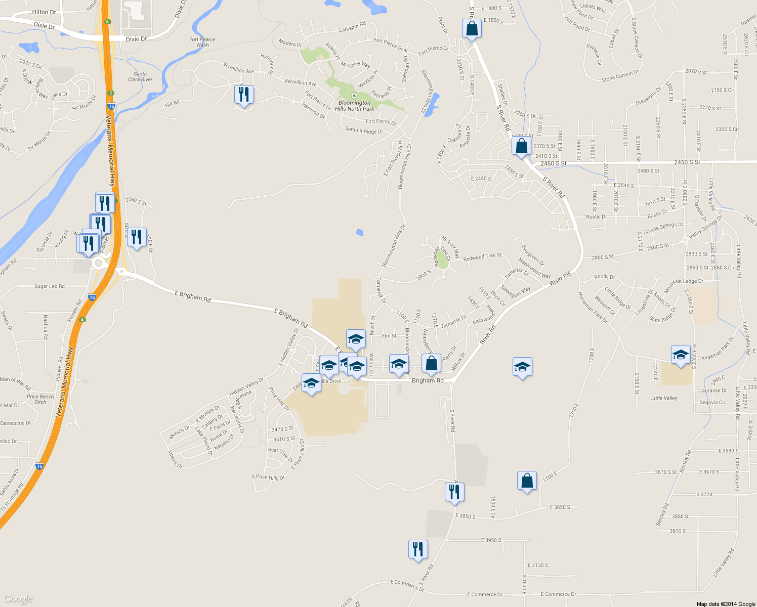 map of restaurants, bars, coffee shops, grocery stores, and more near 2950 Beech Street in St. George