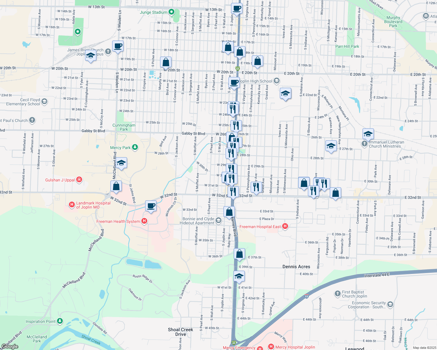 map of restaurants, bars, coffee shops, grocery stores, and more near 299 West 30th Street in Joplin