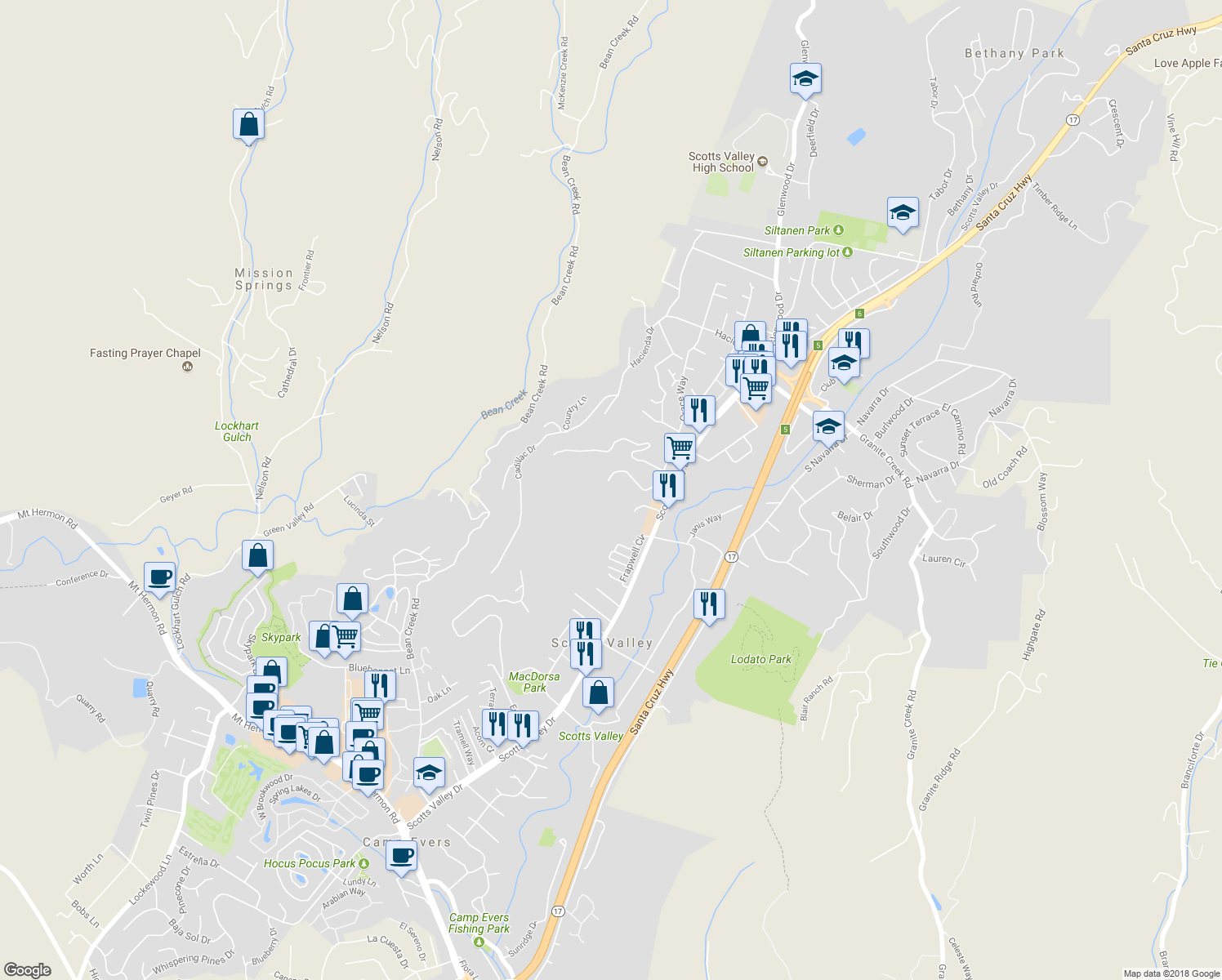 map of restaurants, bars, coffee shops, grocery stores, and more near 81 Grace Way in Scotts Valley