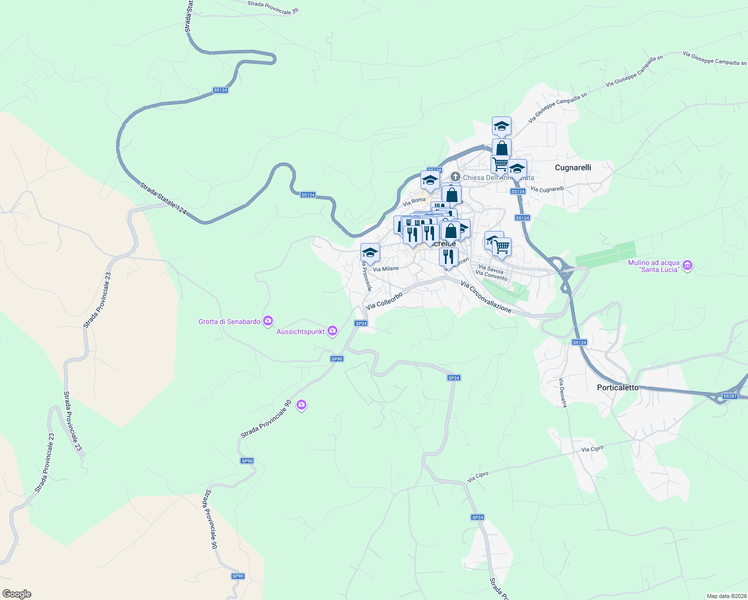 map of restaurants, bars, coffee shops, grocery stores, and more near 35H Via Primosole in Palazzolo Acreide