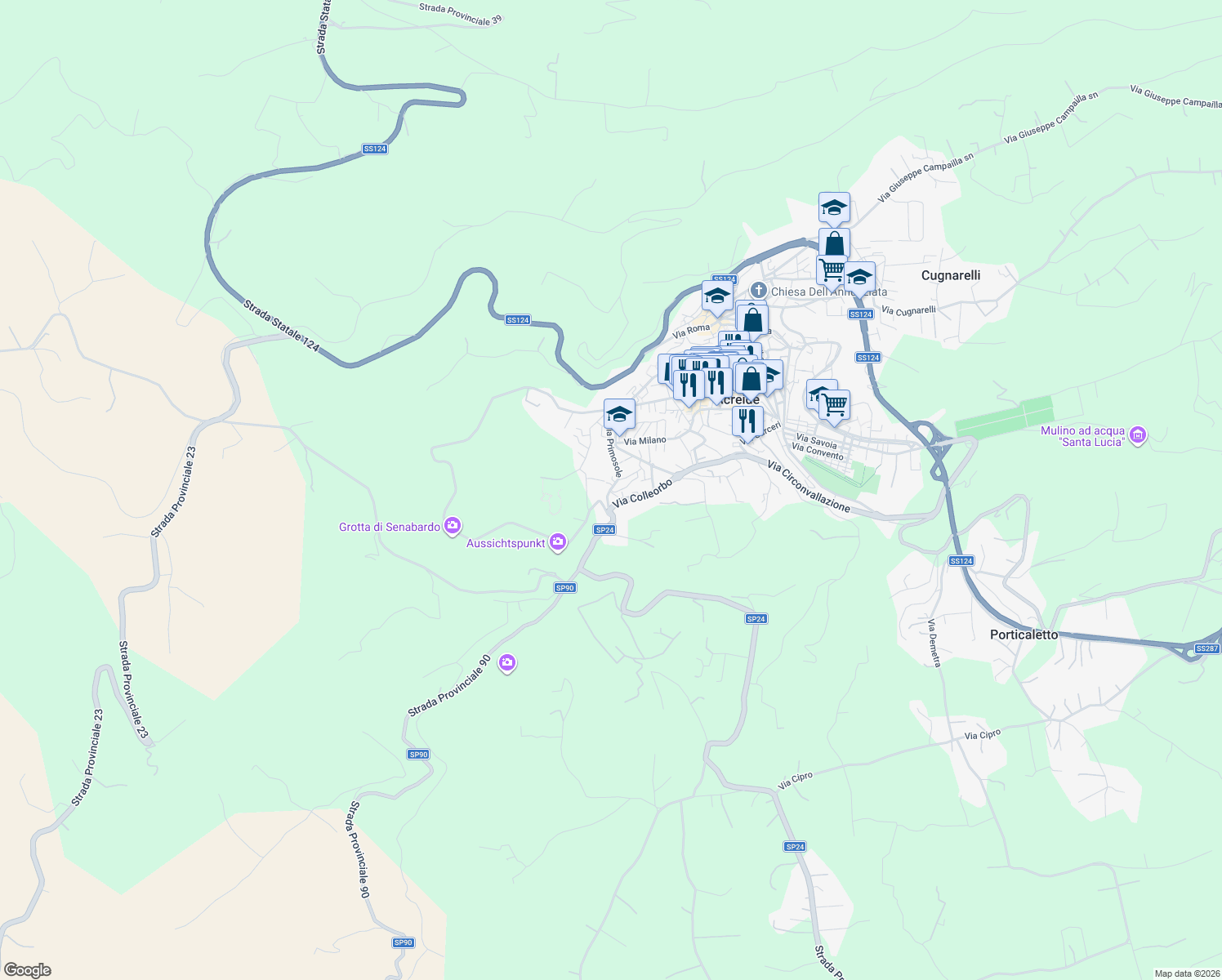 map of restaurants, bars, coffee shops, grocery stores, and more near 35H Via Primosole in Palazzolo Acreide