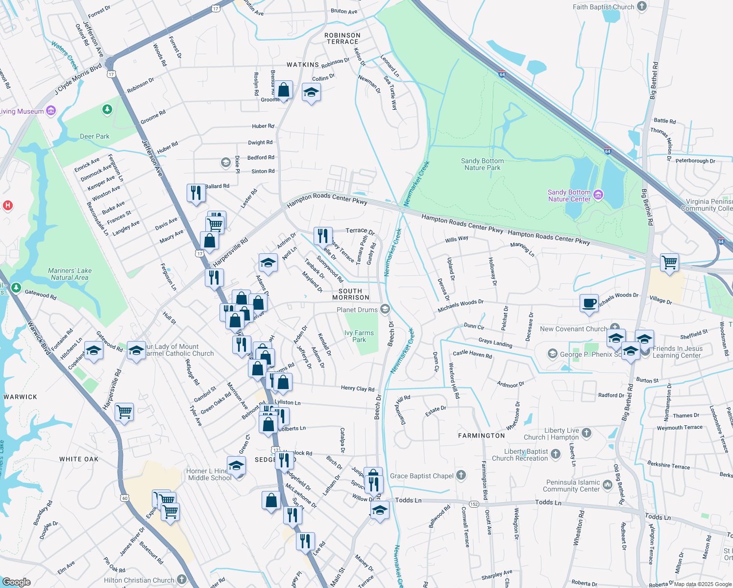 map of restaurants, bars, coffee shops, grocery stores, and more near 736 Elliffe Rd in Newport News