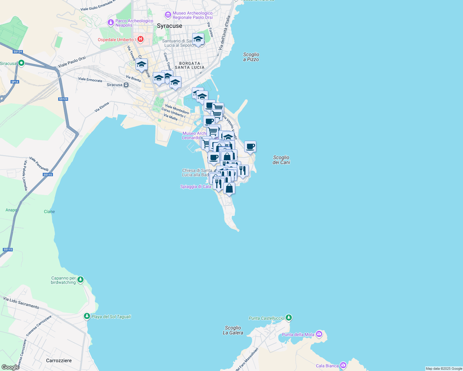 map of restaurants, bars, coffee shops, grocery stores, and more near 33 Via Serafino Privitera in Siracusa