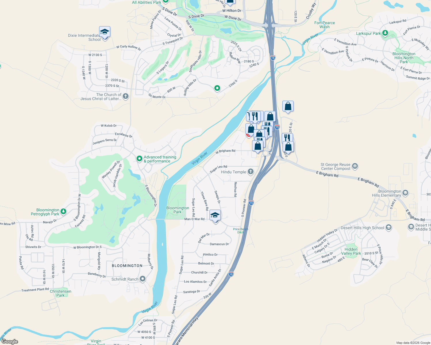 map of restaurants, bars, coffee shops, grocery stores, and more near 417 Sugar Leo Road in St. George