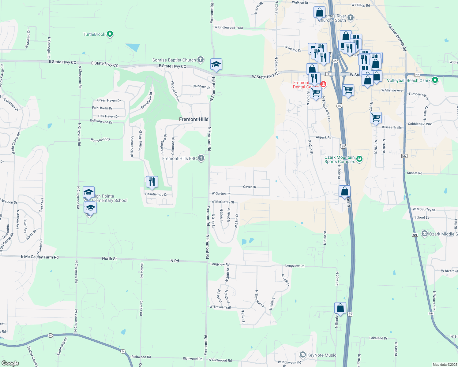 map of restaurants, bars, coffee shops, grocery stores, and more near 2821 Cover Dr in Ozark