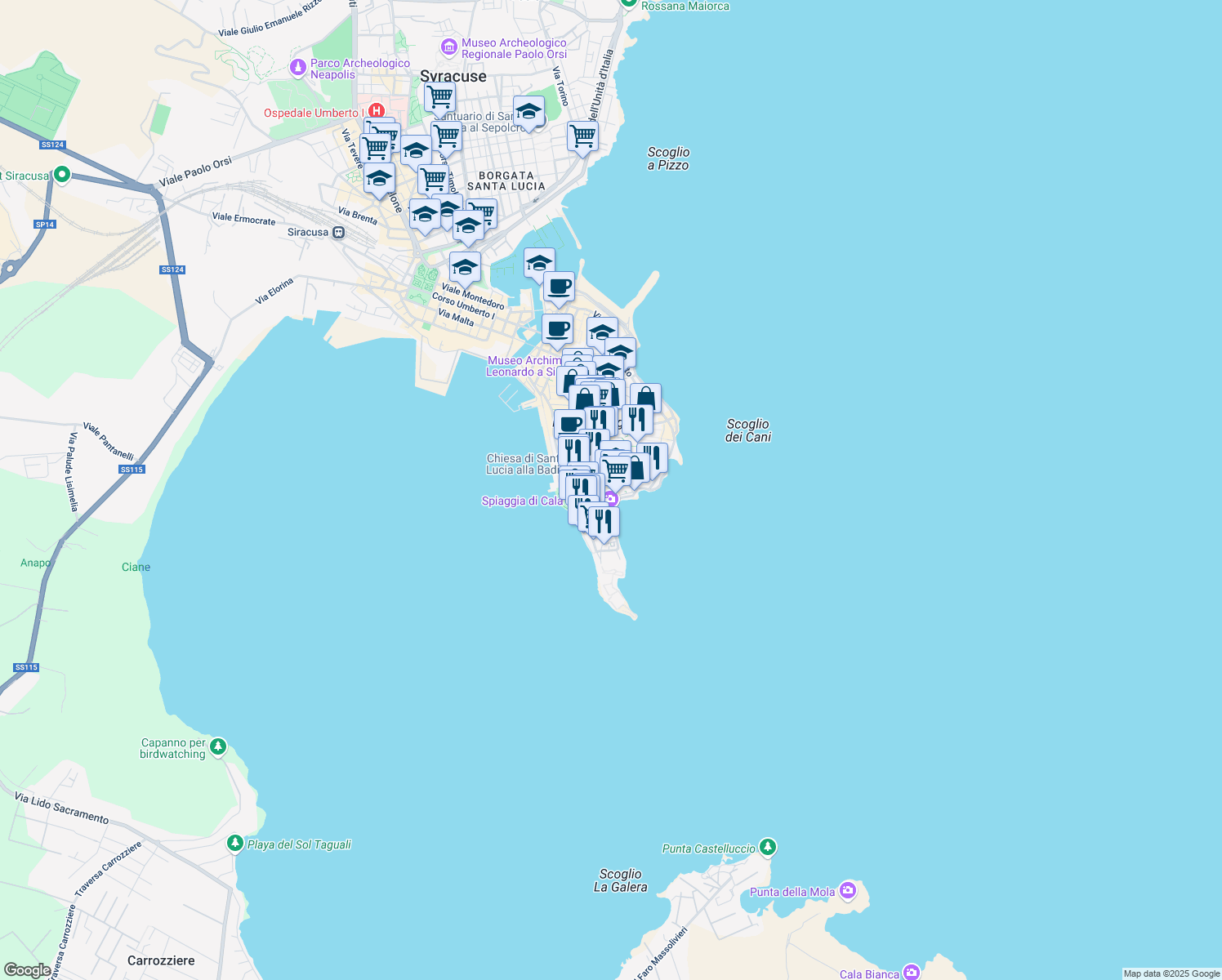 map of restaurants, bars, coffee shops, grocery stores, and more near 33 Via Serafino Privitera in Syracuse
