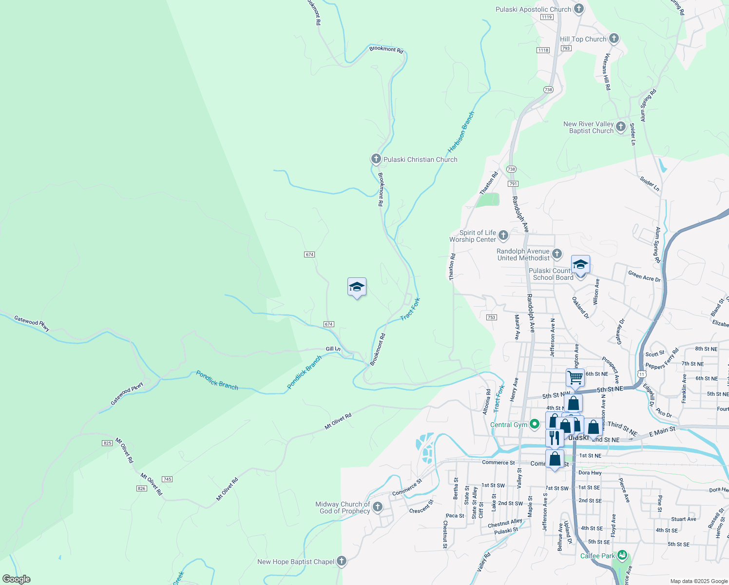 map of restaurants, bars, coffee shops, grocery stores, and more near 4281 Brookmont Road in Pulaski