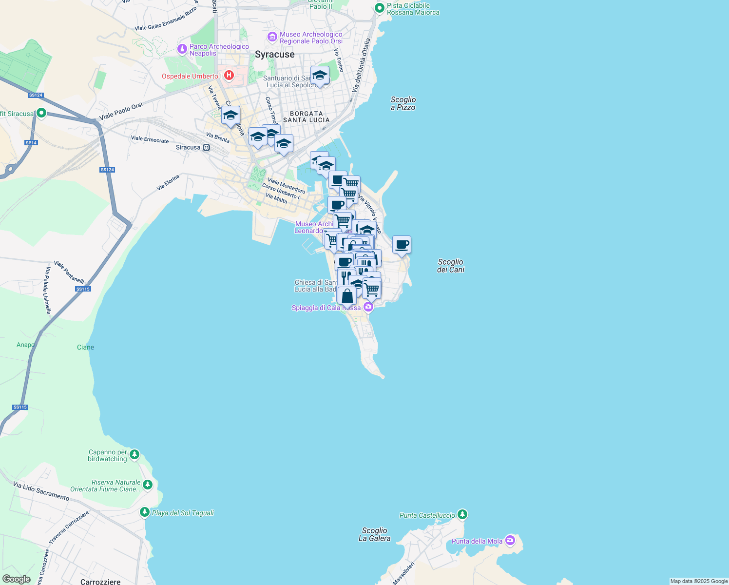 map of restaurants, bars, coffee shops, grocery stores, and more near 2 Via delle Vergini in Siracusa
