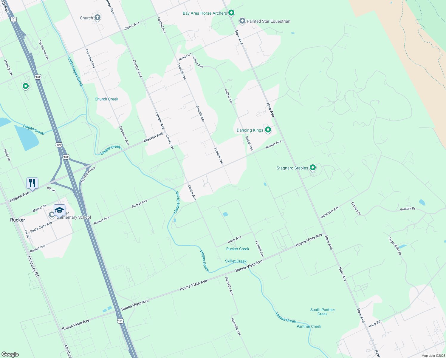 map of restaurants, bars, coffee shops, grocery stores, and more near 10545 Foothill Avenue in Gilroy