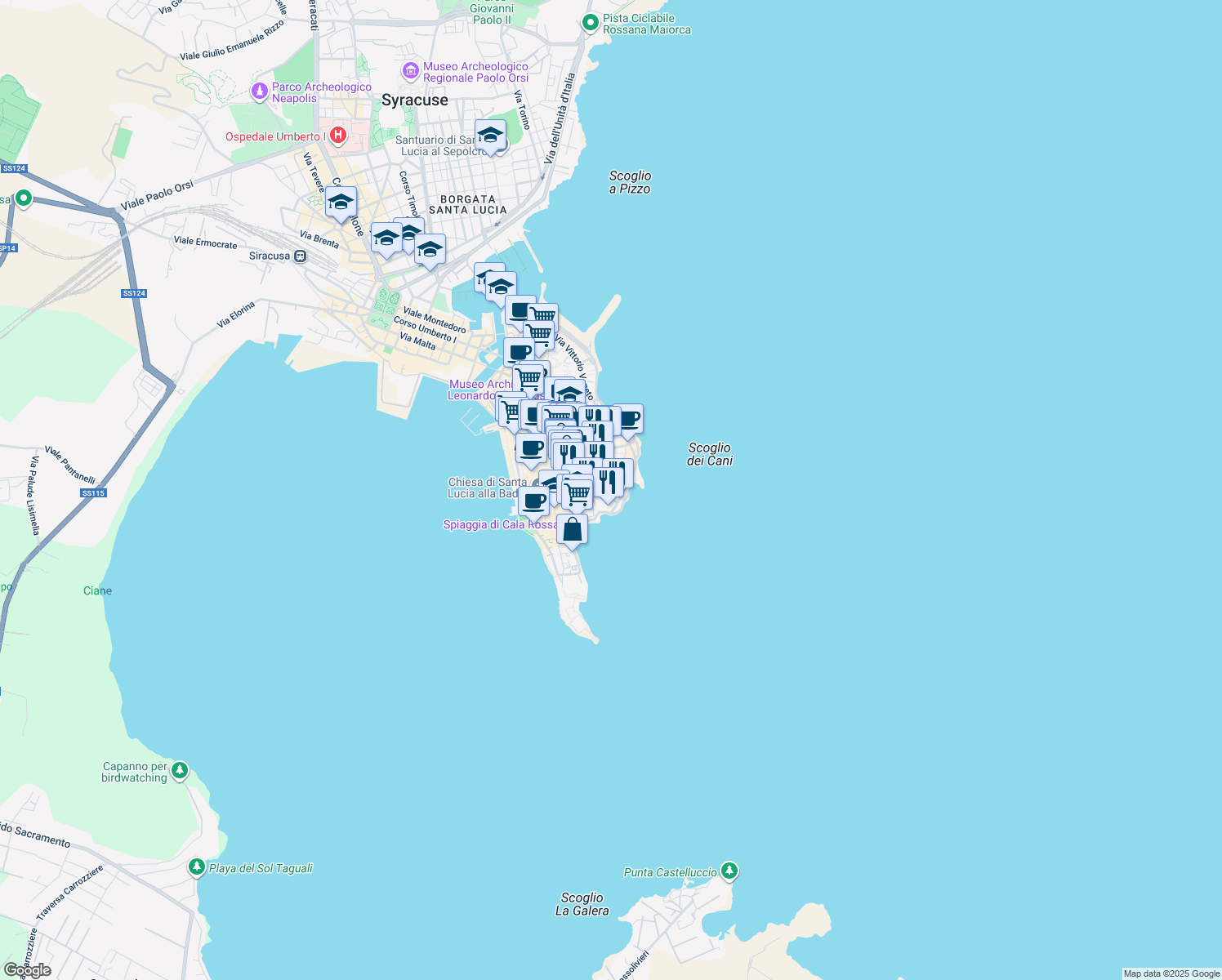 map of restaurants, bars, coffee shops, grocery stores, and more near 29 Via Larga in Syracuse