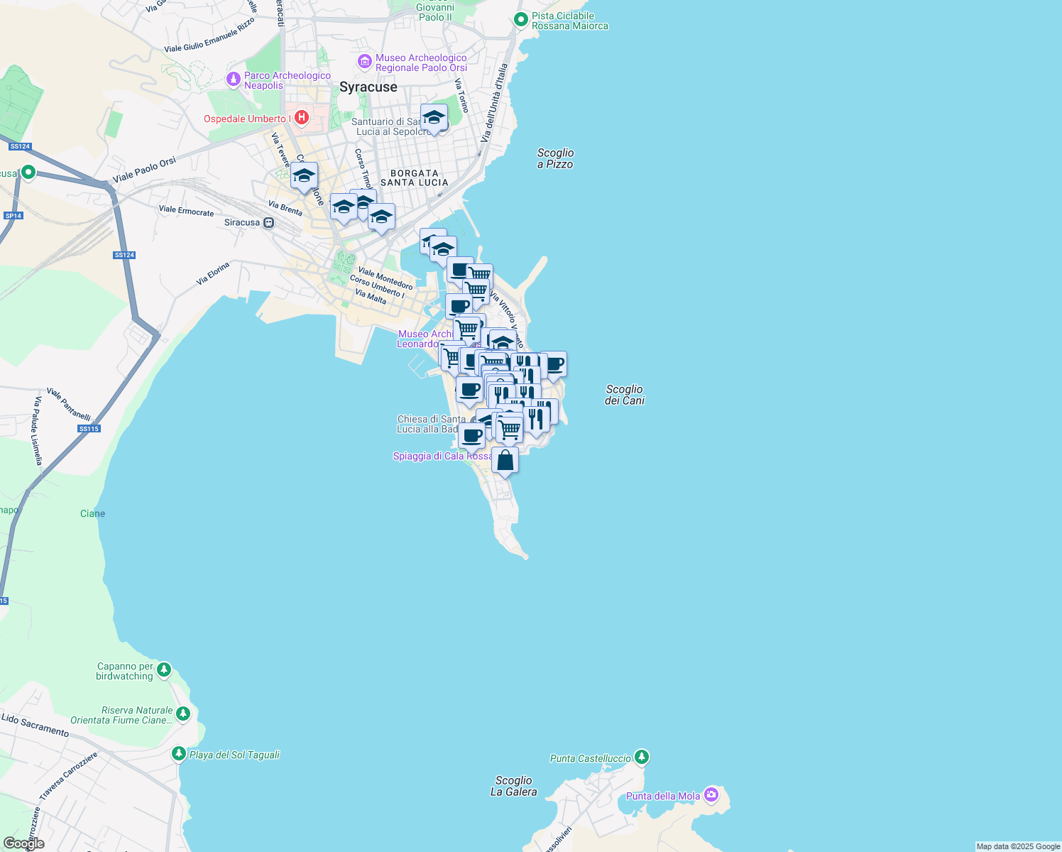 map of restaurants, bars, coffee shops, grocery stores, and more near 29 Via Larga in Syracuse