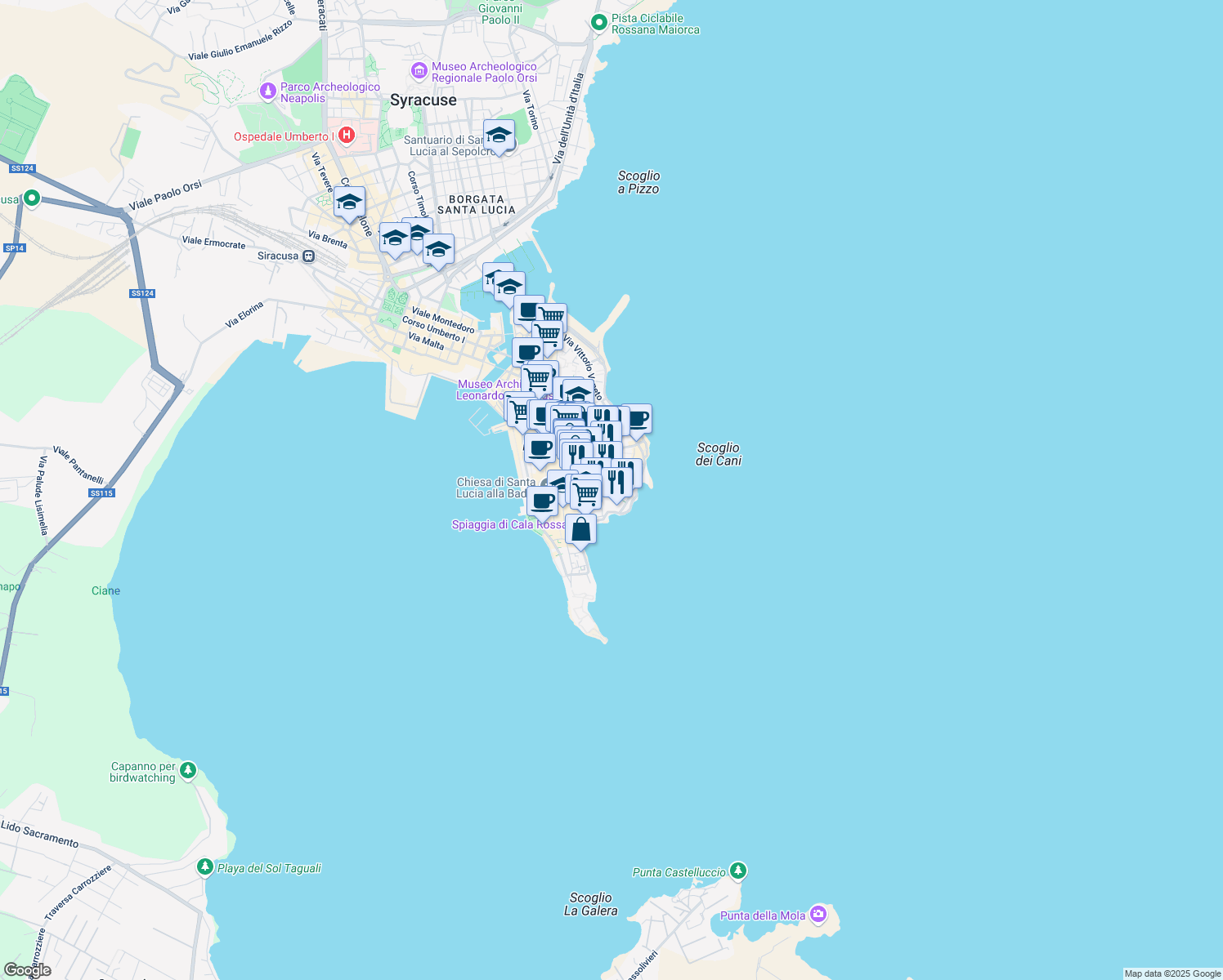 map of restaurants, bars, coffee shops, grocery stores, and more near 29 Via Larga in Syracuse