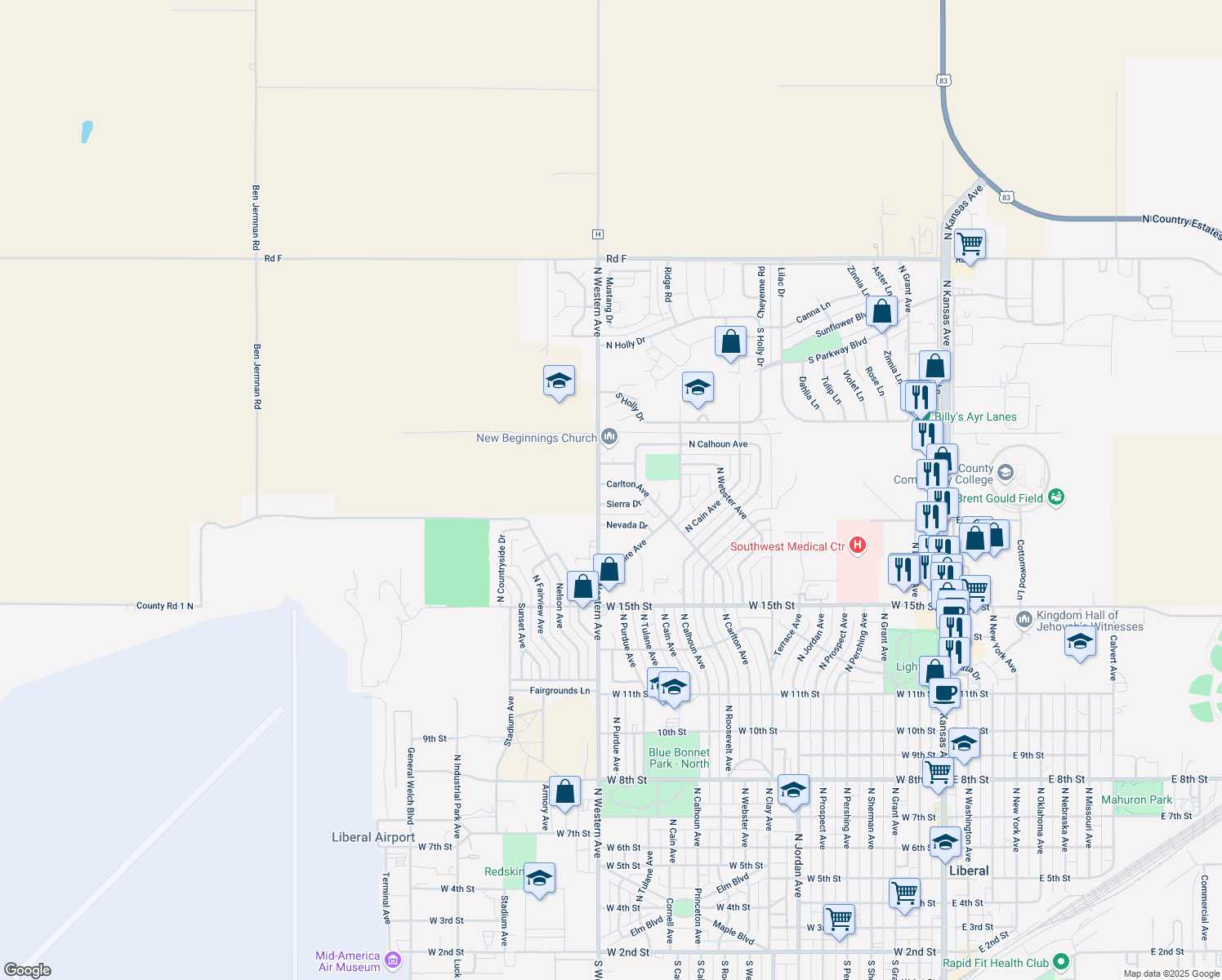 map of restaurants, bars, coffee shops, grocery stores, and more near 2156 Carlton Ave in Liberal
