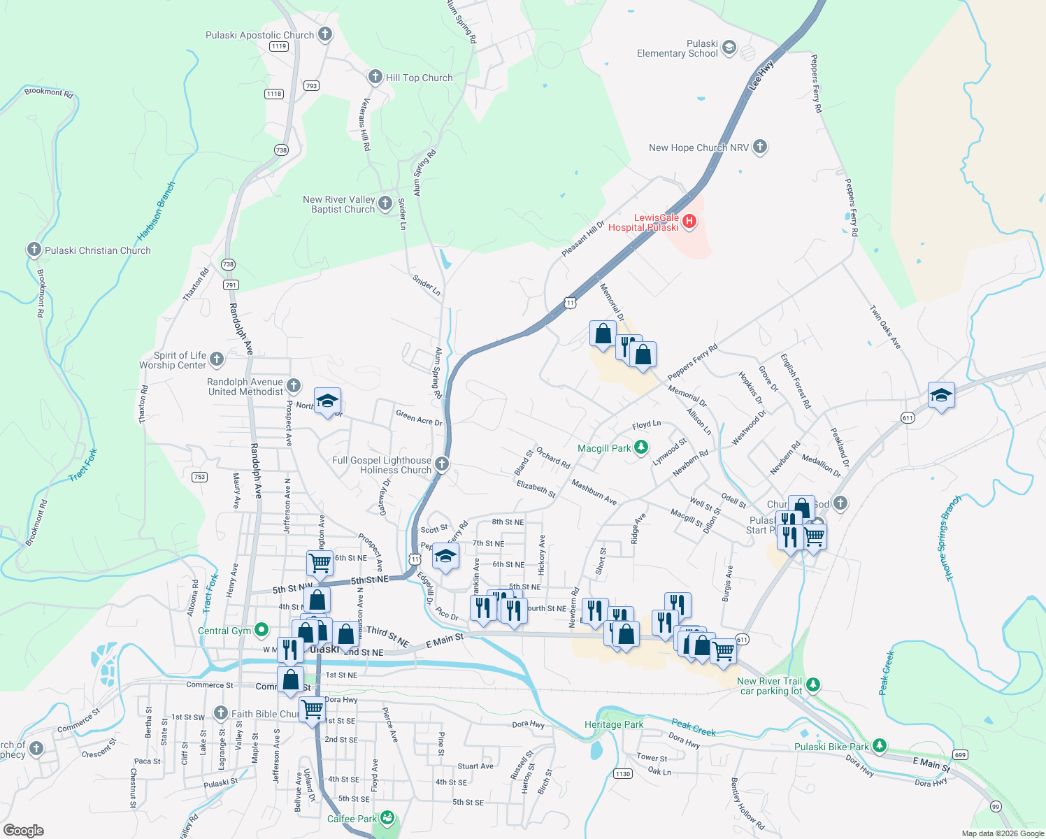 map of restaurants, bars, coffee shops, grocery stores, and more near 612 Mathews Court in Pulaski