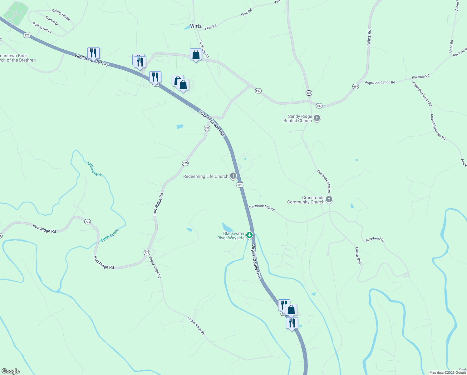 map of restaurants, bars, coffee shops, grocery stores, and more near 19185 Virgil H Goode Highway in Rocky Mount