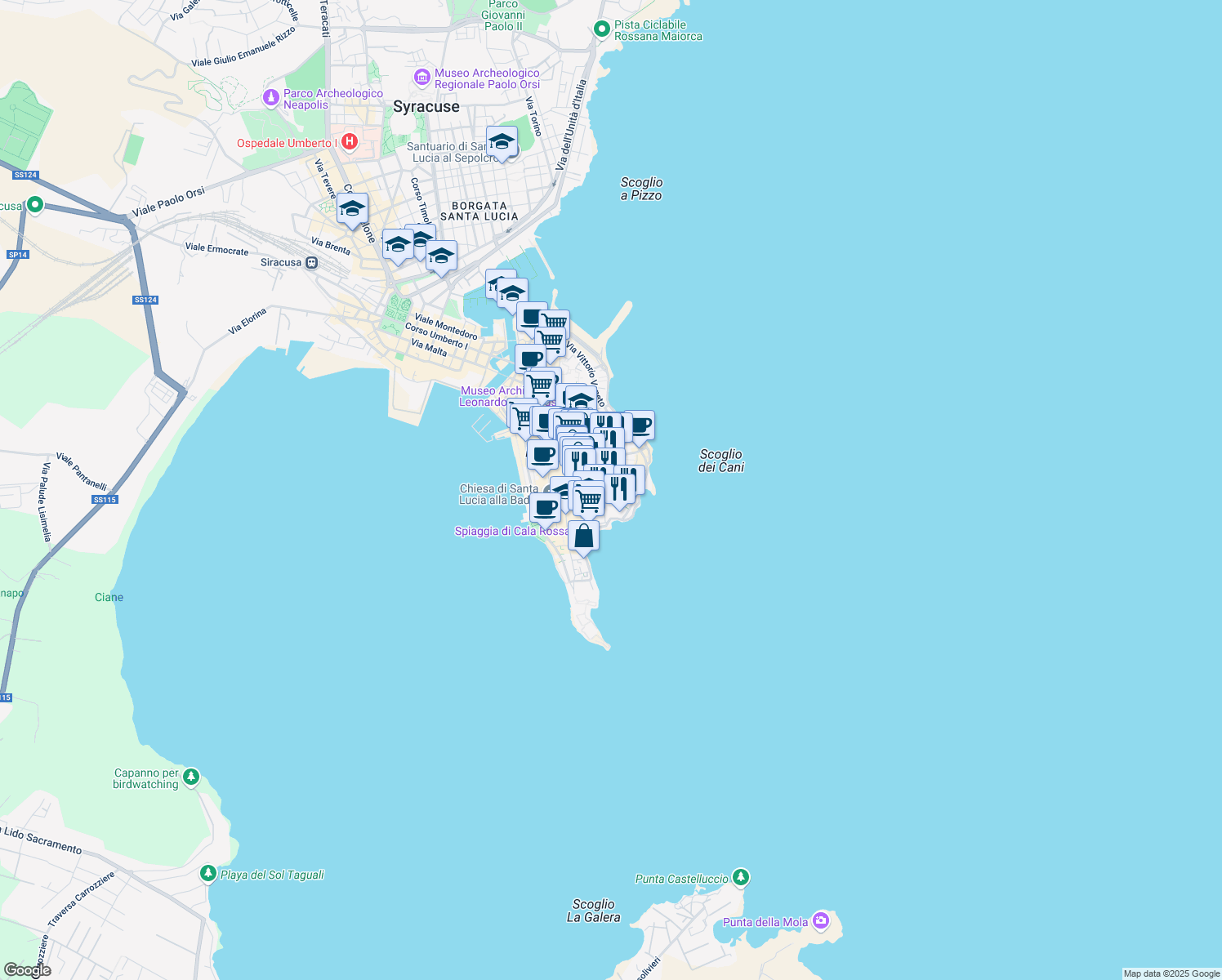 map of restaurants, bars, coffee shops, grocery stores, and more near 29 Via Larga in Siracusa