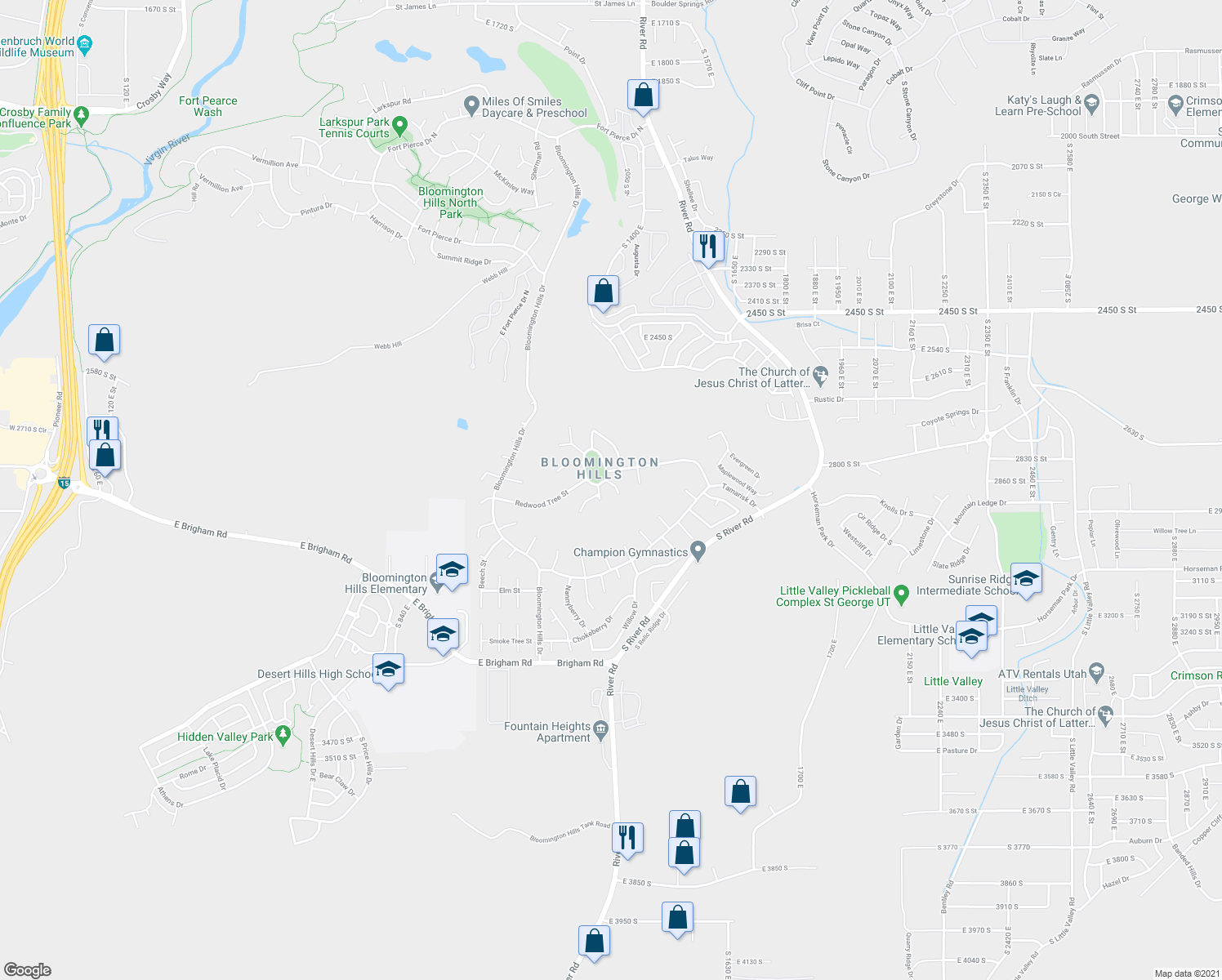 map of restaurants, bars, coffee shops, grocery stores, and more near 2942 Alder Circle in St. George