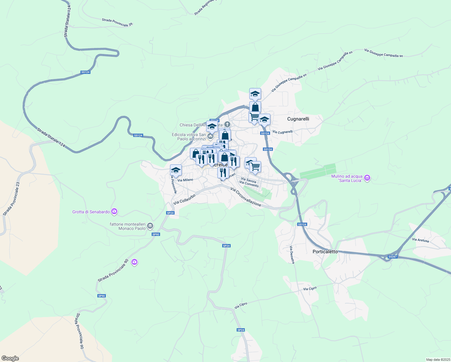 map of restaurants, bars, coffee shops, grocery stores, and more near 6 Ronco Solone in Palazzolo Acreide