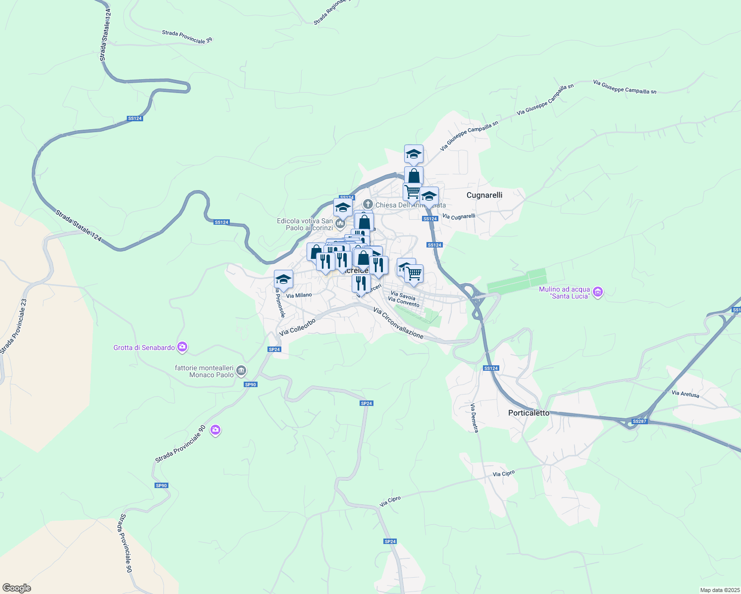 map of restaurants, bars, coffee shops, grocery stores, and more near 6 Ronco Solone in Palazzolo Acreide